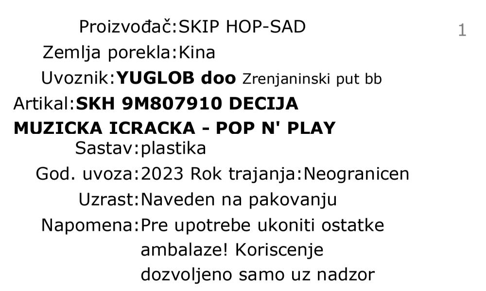Skip Hop dečija muzičk igračka - pop n play 9M807910 deklaracija